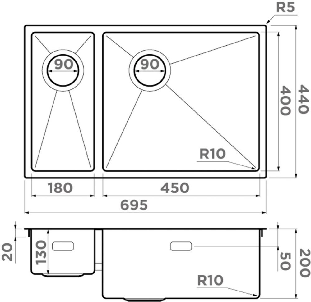 Кухонная мойка OMOIKIRI Taki 69-2-U/IF-LG-R Side (4993184) - ракурс 2