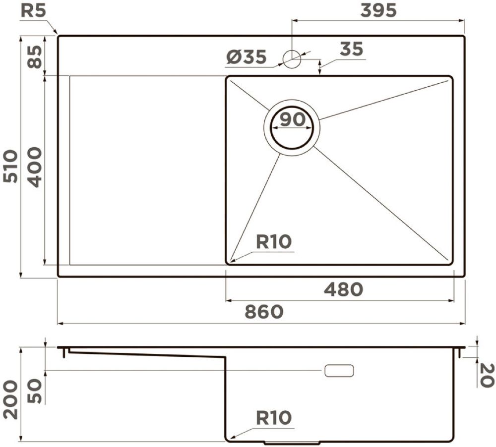 Кухонная мойка OMOIKIRI Akisame 86-LG-R Side (4997046) - ракурс 2