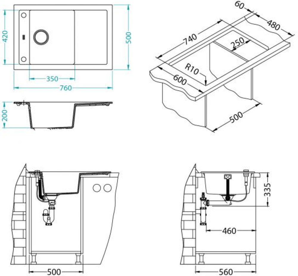 Кухонная мойка ALVEUS FORMIC 30 GRANITAL+ DEEP BLACK-G90 760X500 (1149135) - ракурс 2