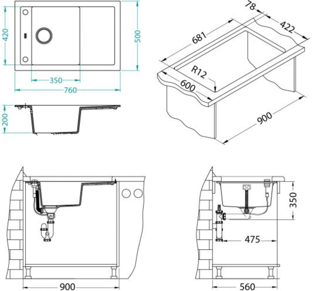Кухонная мойка ALVEUS FORMIC 30 GRANITAL+ DEEP BLACK-G90 760X500 (1149135) - ракурс 3